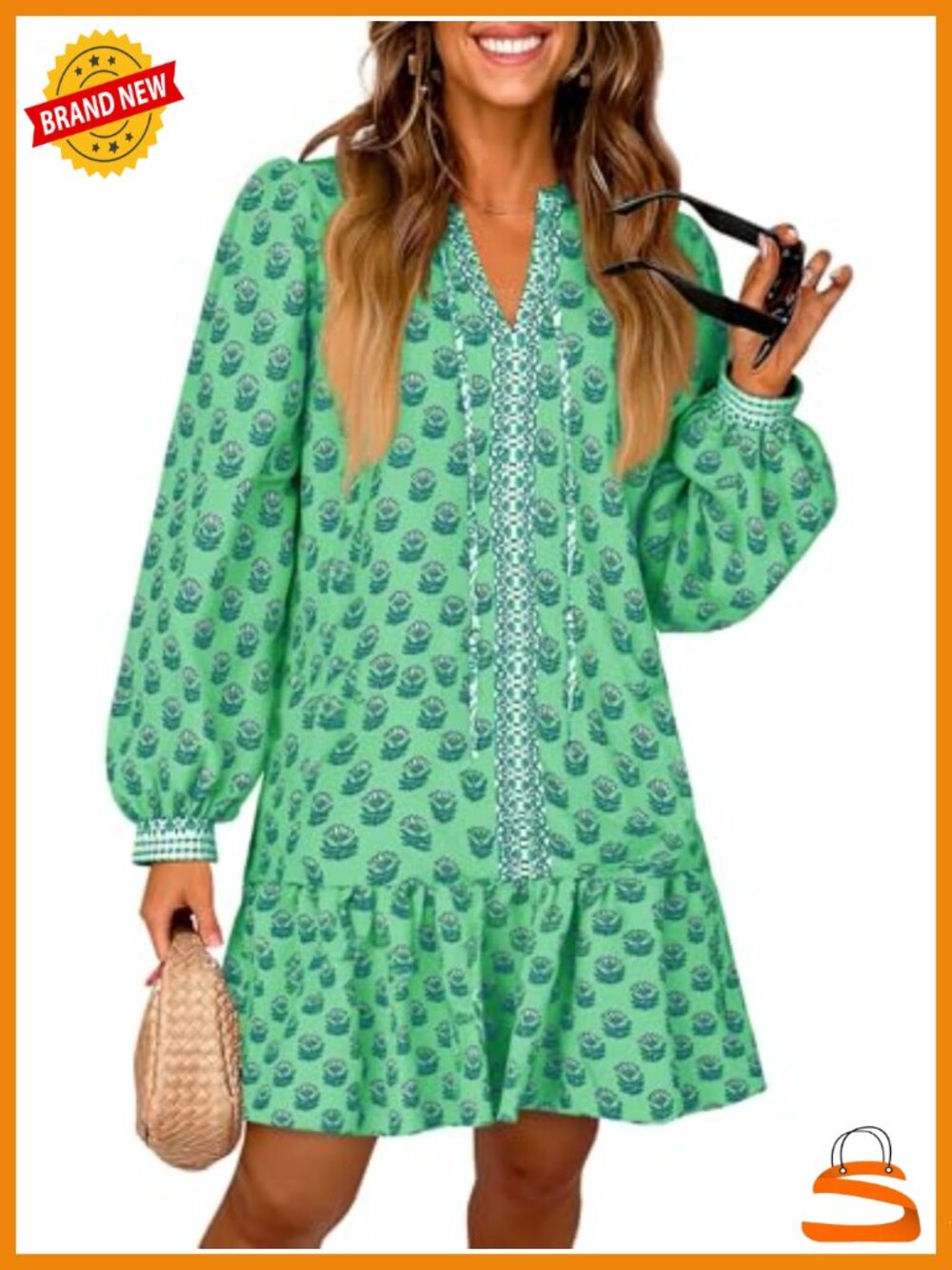 Womens Floral Mini Dress Long Sleeve V Neck Ruffle Drop Waist Beach